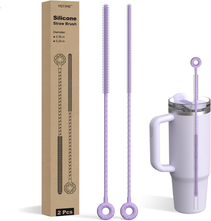 YOTIME Silicone Straw Cleaner Brush, 2 Pcs Reusable Straw Brush(6mm+9mm) for Cleaning Narrow & Wide Straws, Tumblers, Purple - Image 1